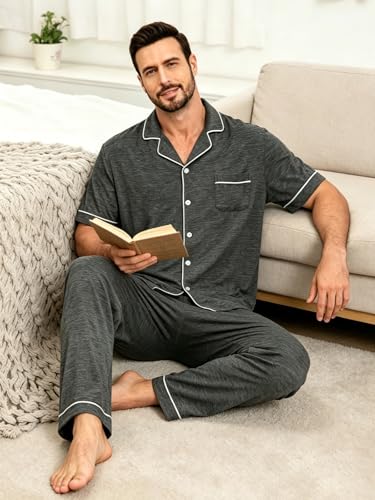 Image of Men's Short Sleeve Pajama Set, Soft Cotton Button Down Sleepwear Top & Long Pants, Loungewear PJs with Pockets S-XXXL