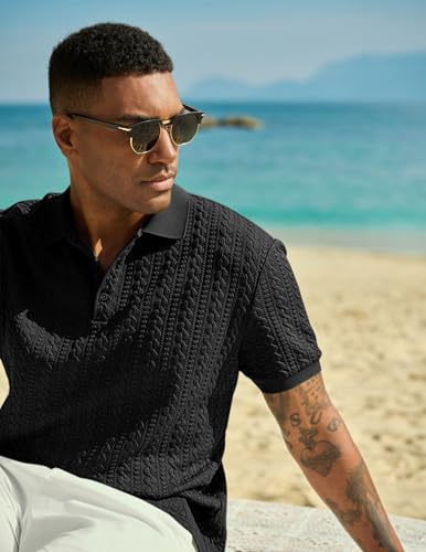 Image of JMIERR Men's Casual Polo Shirt Knitted Textured Short Sleeve Stretch Golf Shirt Summer Vacation Beach Collared Shirts