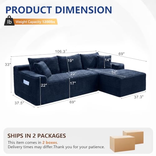 Image of 106.3 inch L Shaped Boneless Sectional Corduroy Couches for Living Room (Blue)
