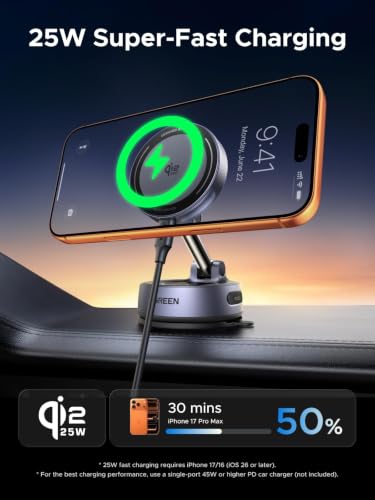 UGREEN 25W Qi2.2 MagSafe Compatible Wireless Car Charger Mount, Suction Cup - image 2