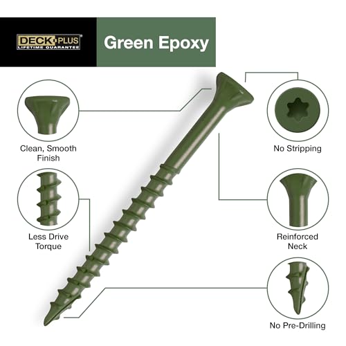 Image of Deck Plus 1-5 /8 Inch Epoxy Coated Exterior Wood and Fence Screws #8 x 1-5 /8 inch Torx /Star Drive Included Coarse Thread, Outdoor Rust Resistant Decking Screw, Green, Keg, 1700 Pieces | 49318