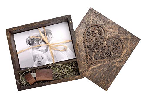 Wedding Photo Box Handmade Rustic Gear Heart USB Box - Paired with Walnut Wooden Flash Drive (32GB 3.0)