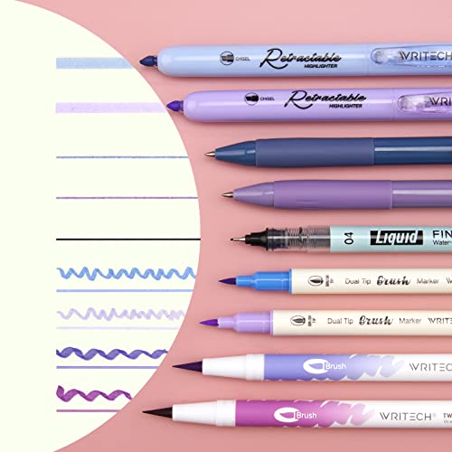 Image of WRITECH Journaling Kit, Gel Ink Pens /Retractable Highlighters /Dual Tip Brush Pens /Fineliner Pens, Smooth Writing Assorted Colors Journaling Supplies, 9 Count with Pen Bag (Haze blue & purple)