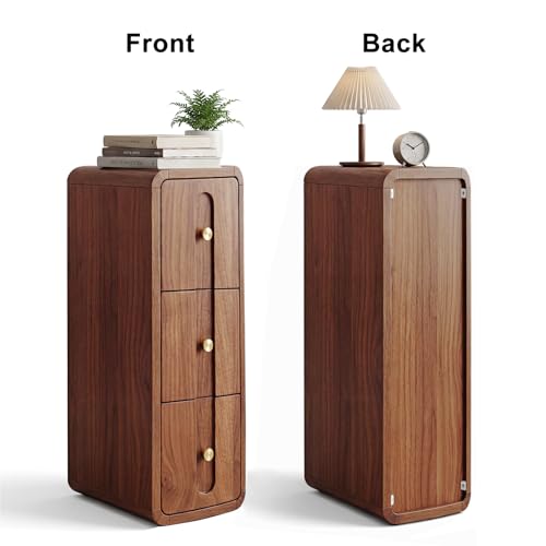 Image of Narrow Nightstand with 3 Drawers, Small Bedside Table, Mid Century Modern Skinny Night Stand with Storage, Wood Slim Side Table for Bedroom, Small Spaces, Living Room (Walnut-1pcs)