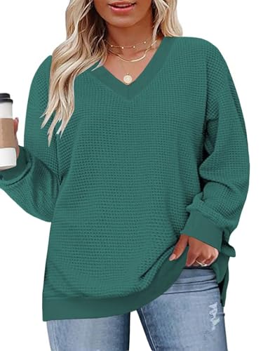 Image of DOLNINE Plus-Size-Tops for Women Casual V Neck Pullover Cute Waffle Knit Lantern Sleeve Sweaters Fashion Side Split Tunics