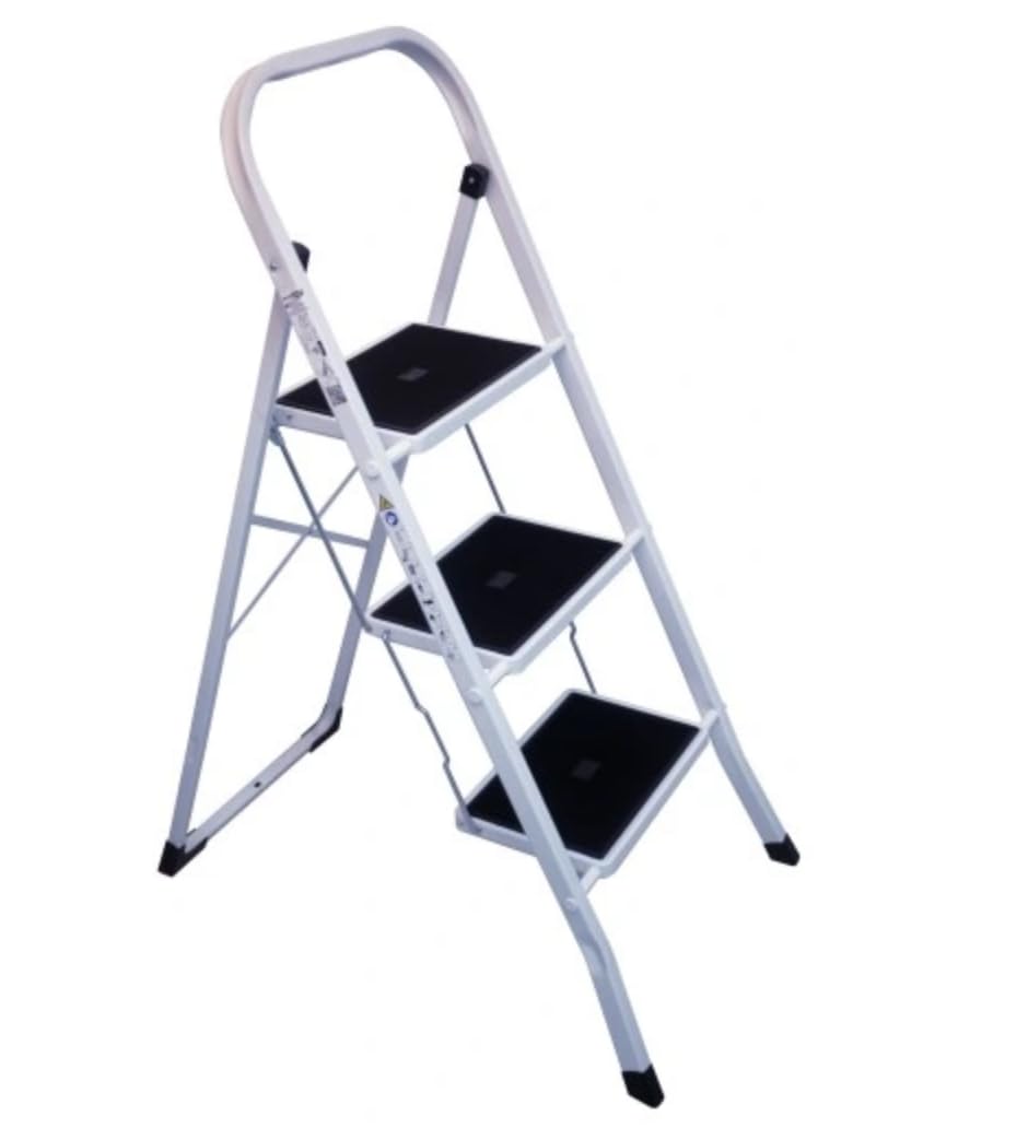 Scaletta pieghevole con 3 gradini, resistente fino a 150 kg, pieghevole, superficie antiscivolo, salvaspazio e sicura (bianco e nero)