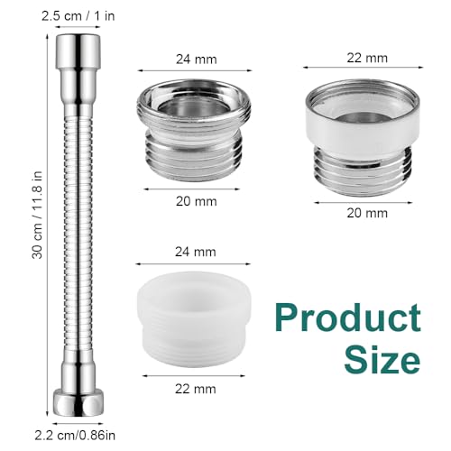Wasserhahn Verlängerung Küche, 30 cm/11.8 in Edelstahl Verlängerung Wasserhahn, mit 3 Wasserhahn Adapter und Dichtungsringe,Flexibles Biegbares Design,für Küchen, Badezimmern, Toiletten, Balkonen
