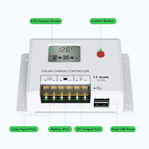 Bateria Power Controlador de Carga Solar 10A, 12V/24V Pwm Controlador Solar com Display Lcd Dual Usb