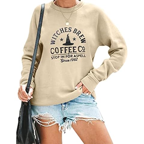 DUTUT Halloween Sweatshirts For Women Witches Brew Sweatshirt Funny Spooky Season Sweatshirt Ghost Fall Sweater Pullover Tops Apricot Cover