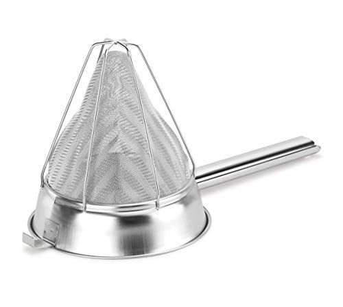 Image of New Star Foodservice Reinforced Bouillon Strainer, 8-Inch, Fine Mesh, 18 /8 Stainless Steel, Commercial Kitchen Strainer for Stocks, Sauces, Soups, and Purees (Pack of 2)