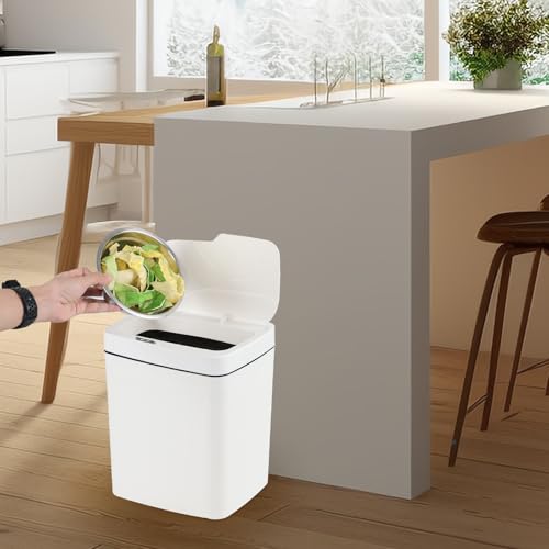 Image of 4 Gallon Sensor Trash Can with Touchless Infrared Lid, White | 15 Liter Automatic Waste Bin Plastic Motion Sensor Trash Can for Kitchen Bathroom, White