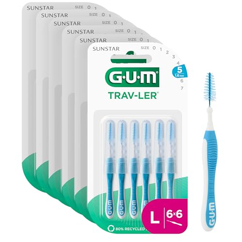 GUM TRAV-LER Interdentalbürsten | für gründliche Reinigung zwischen den Zähnen | flexibler Griff | Zahnreinigung und Plaque Entfernung | 1.6mm, ISO 5 | Größe XL | 6x6 Packung
