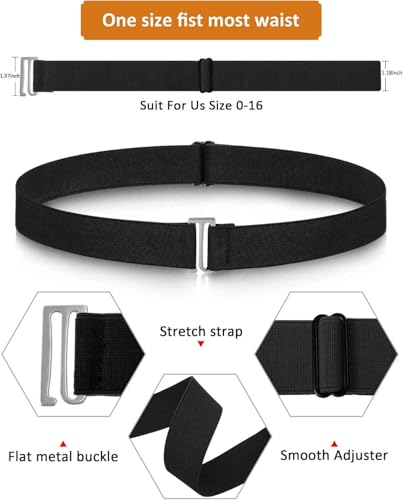 1 Pc Black No Show Invisible Stretch Belts Elastic Flat Buckle Waist Adjustable Size Nylon Fashion Utility Wide for Women Pants Dresses2