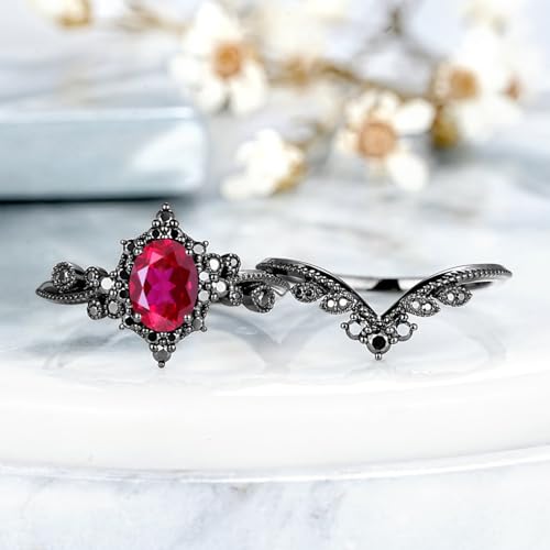 10K 14K 18K Gold Created Ruby Rings Set for Women Red Ruby Art Deco Promise Engagement Wedding Anniversary Ring Set Gemstone Unique Bridal Band Size 4-124