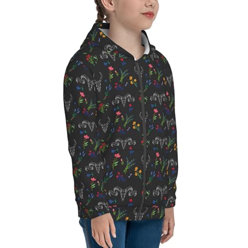 Skull with Flower Kid Hoodies Boys Zip Up Sweatshirts Girls Pullover with Pocket4