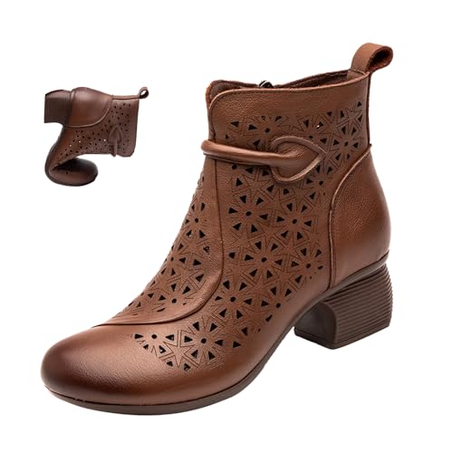 MOYOWEI Women's Leather Cutout Casual Dress Ankle Boots,Summer Comfort Chunky Block Stacked Heel Softsole Zip Short Booties