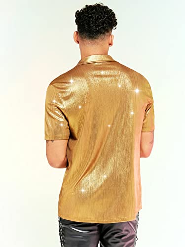 Verdusa Men's Metallic Button Down Shirt Short Sleeve Collar Glitter Top2