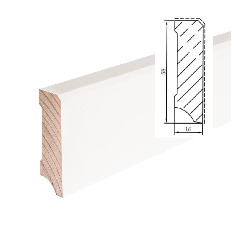 1 paquete (24 m) – Rodapié de madera maciza de pino cubo 16 x 58 mm, lacado en blanco RAL 9016