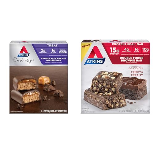 Atkins Chocolate Caramel Mousse Bar 5 Count and Double Fudge Brownie Protein Meal Bar 5 Count Bundle