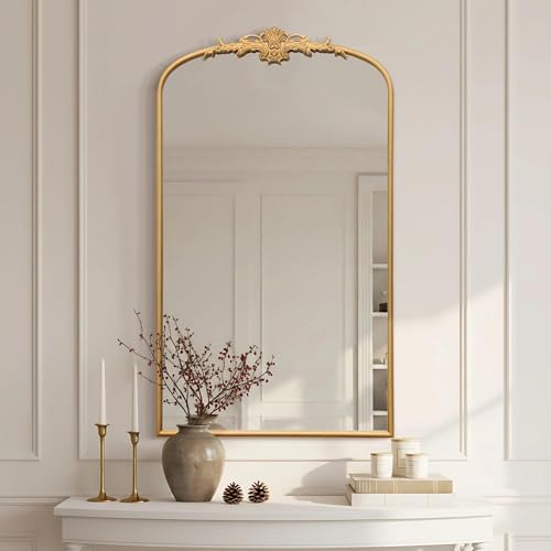Besdomus Large Vintage Arched Mirror: 24"x42" French Arch Gleaming Gold