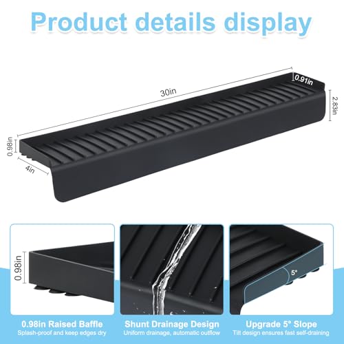 Image of Silicone Faucet Splash Guard 4 inch x 30 inch, Faucet Water Catcher Mat, Longer Silicone Sink Mat for Kitchen, Bathroom, Laundry Room, Farmhouse for Quartz Kitchen Sink(Black)