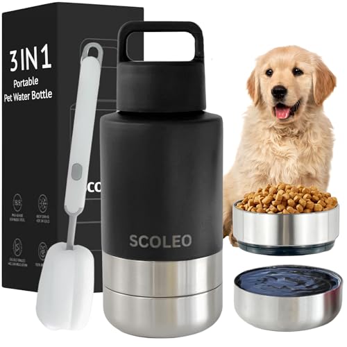 SCOLEO 3 in 1 Water Bottle for Dogs - 32 oz Insulated Bottle with Detachable Bowls, Leak-Proof and Stainless Steel, Travel-Friendly - Dog Portable Water Bowl (Black)