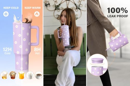 Image of CYNVEXA Tumbler with lid and Straw 1200ML Cup Stainless Steel Vacuum Insulated Tumbler for Water, Iced Tea or Coffee 1.2L Office Gym Travelling (Purple Flower)