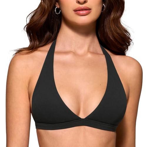 INGIA Womens Deep V-Neck Halter Longline Sports Bra Padded Low Back Low Impact Fitness Yoga Bra Workout Crop Top Black Medium