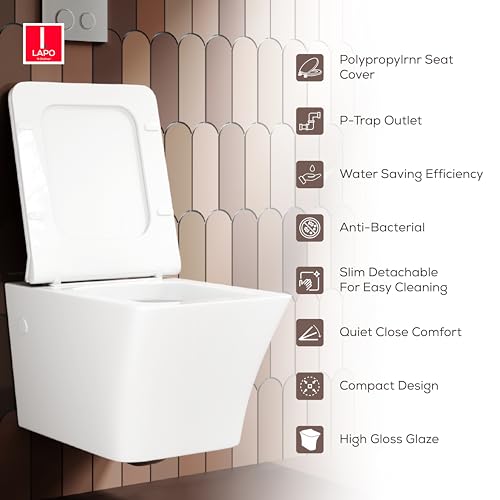Image of LAPO P Trap Wall Hung Commode Ceramic Rimless Commode Toilet, Wall Hung Western Toilet With Soft Closing Toilete Seat (White, 21X14X14 Inch)-SPN