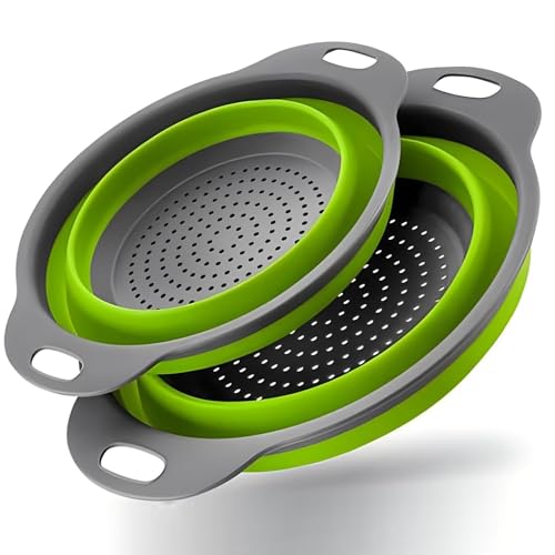 Silicone Pasta Colander - Collapsible Colander with Handle Set Set of 2 Space-Saving Kitchen Strainers 1.5 Quart 2 Quart BPA Free Dishwasher Safe for Pasta Vegetables Fruits