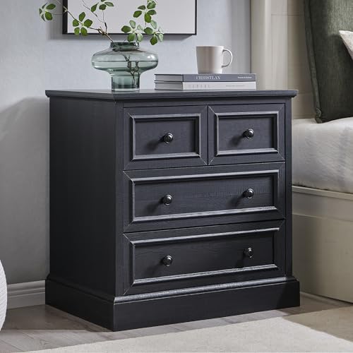 Image of ACCOHOHO 26 inch W Nightstands Set of 2, Farmhouse End Table with 4 Drawers for Storage, Nightstand with Charging Station for Bedroom, Black