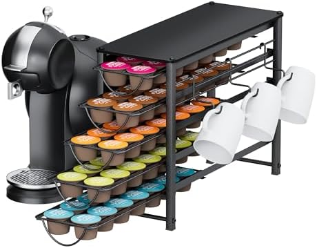 5 Tier Koffiepadhouder voor Dolce Gusto, 70 capsules capaciteit metalen pods opslag met houten bovenblad, vintage antislip glijdende koffiecapsulehouder organizer voor keuken kleine ruimte tellers