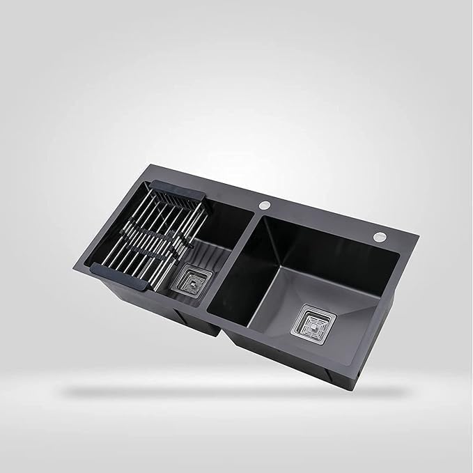 Image of CROCODILE 304 Grade 1 mm Stainless Steel Kitchen Sink, 45x20x10 Inch Double Bowl with Tap Provision, Black, Tap Provision, Sound-Dampening, Heavy Duty