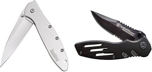 Kershaw Navaja de bolsillo para puerros de 3 pulgadas Sandvik 14C28N y mango de acero inoxidable y Smith & Wesson Extreme Ops SWA24S 7.1 pulgadas SS