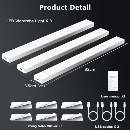 OUILA Luz LED Armario con Sensor Movimiento 3000K 60 LEDs 4 Modos Luz LED Adhesiva Magnética 1500mAh USB Recargable Luz Nocturna para Cocina, Armario, Escaleras, Pasillo, Garaje-3 Packs - imagen 7