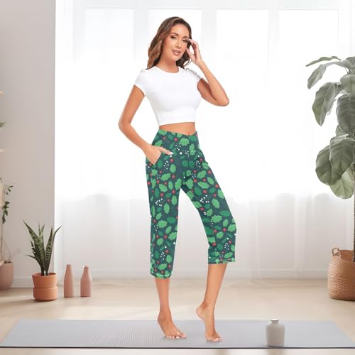 KLL Calças de ioga longas de Natal com folhas de azevinho de cintura alta calças esportivas para con