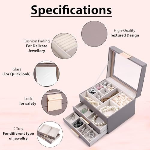 Image of BucketList Luxury PU Leather Jewellery Organizer Box with Glass Top | Multi-Drawer Jewelry Storage Case with Ring Slots & Compartments | Elegant Lockable (2 Drawers Jewellery Box (Grey))