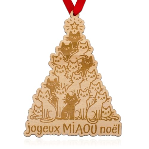 ERNESTINE - Boule de Noël en Forme de Chat Humour - décoration Sapin gravée pour la Famille - Boule en Bois personnalisée Artisanale - décoration de fête fabriquée en France en Bois