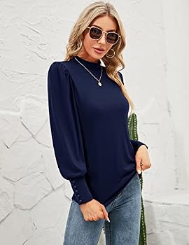 Qirno Puff Sleeve Tops for Women Long Solid Basic Tshirts Mock