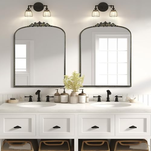 Image of WallBeyond Black Vintage Mirror for Vanity 28x36 Inch, Black Antique Mirror with Ornate Frame, Arched Vintage Wall for Bathroom, Living Room, Fireplace, Entryway