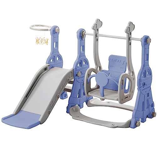 Juego de tobogán y columpio para niños pequeños, tobogán 4 en 1, columpio con soporte de baloncesto, escalera de escalada, columpio, tobogán, área de juego para niños y niñas (azul)