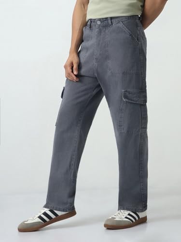 Image of Urbano Fashion Men's Loose Mid Rise Baggy Fit Cargo Jeans with 6 Pockets Non-Stretchable