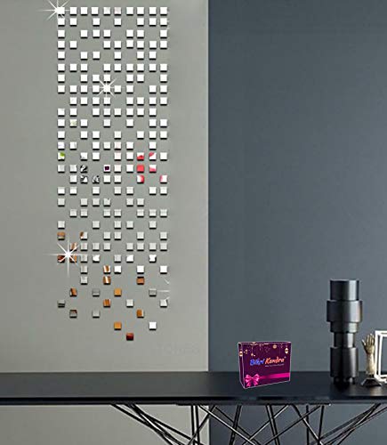 Image of Bikri Kendra - 400 Square Silver Decorative Mirror Stickers for Wall, Wall Mirror Stickers, 3D Acrylic Stickers Wall Stickers for Hall Room, Bed Room, Kitchen Living Room Kids Room.