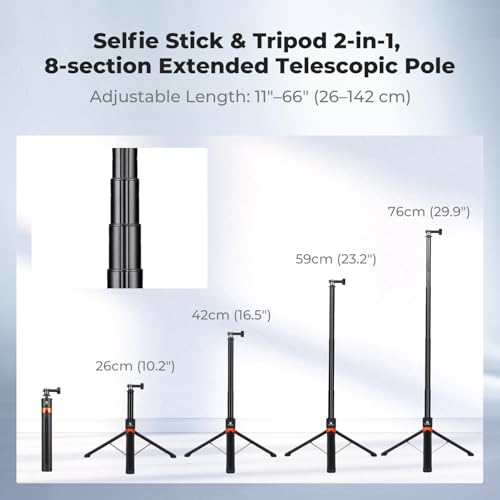 Image of K&F CONCEPT 142cm /55.9 inch Telescopic Selfie Stick Tripod for Action Camera | 2-in-1 Portable Stand Handle Stick Pole For GoPro Hero 13 /12 /11 /10 /9 /8, DJI Osmo Action 6 /Osmo Action 5 Pro /4 /3 Accessories