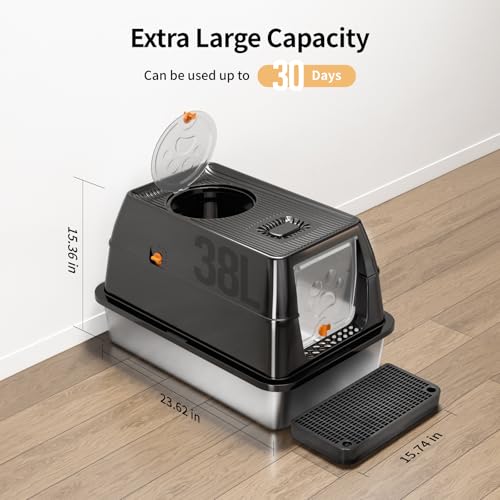 Image of XL Stainless Steel Cat Litter Box with Lid, Extra Large Enclosed Litter Box for Big Cats, High Sided Metal Litter Pan with Removable Lid& Scoop, Odor Free, Easy Cleaning, Anti-Urine Leakage