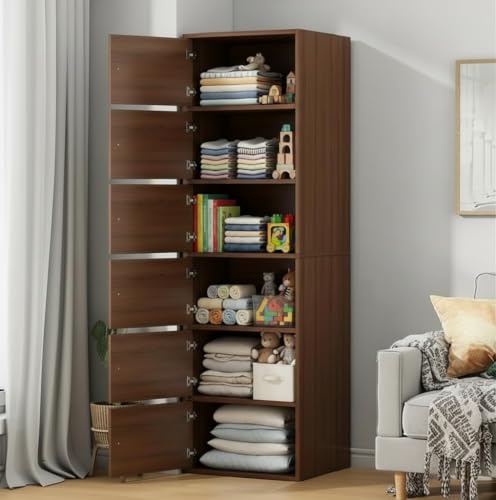 Image of EXVITO Engineered Wood Wardrobe for Bedroom | Foldable 6-Shelf Wooden Storage Cabinet | Cupboard Almirah for Clothes | Collapsible Wardrobe | Space Saving Wooden Cabinet - WALLNUT