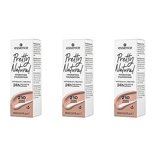 essence Pretty Natural HYDRATING FOUNDATION, Make Up, Nr. 210 Warm Amber, nude, feuchtigkeitsspendend, strahlend frisch, matt, vegan, ölfrei, ohne Alkohol, 3er Pack (3 x 30ml)