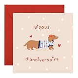 Cute French Birthday Card – 'Bisous d'Anniversaire' –Sausage Dog in Sweater – Gifts for Fur Mom or Dad, Animal Lovers, Pet Owners, Dog Mama, Him, Her, Friends, Family, Colleagues -Comes with Stickers