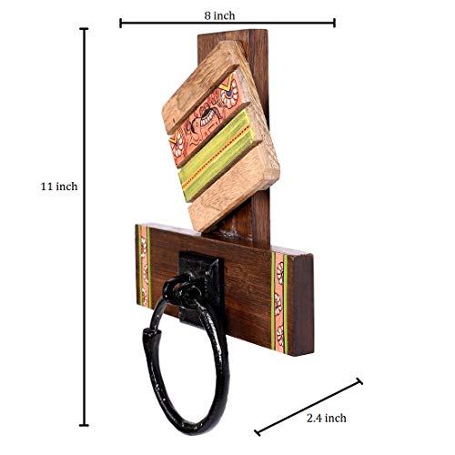 Image of Aakriti Art Creations Madhubani Art Wooden Towel Holder | Handcrafted Wooden | Matte Finish Natural Brown Wall Mounted Towel Holder for Bath & Wash Area
