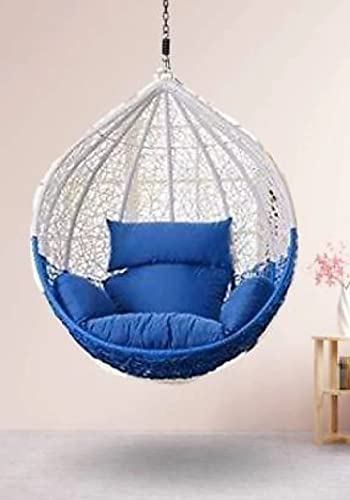 Image of Single Seater Swing Chair with Stand for Home & Cushion & Hook Outdoor Indoor|Living Room|(Swing White & Blue with Cushion Dark Blue, Alloy Steel,Metal)